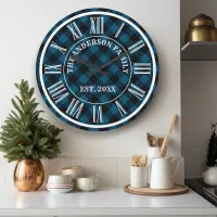 Navy And Black Buffalo Plaid Rustic Roman Numeral Large Clock