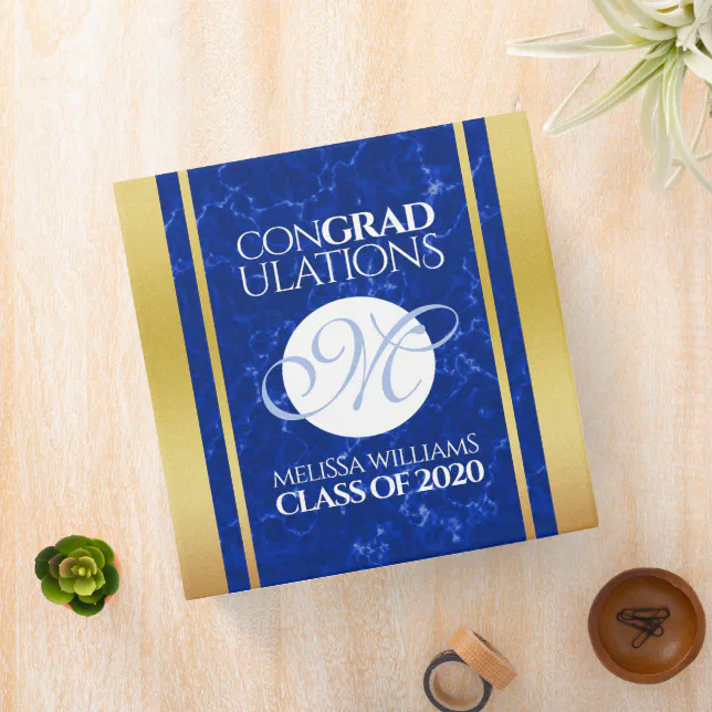 Elegant Graduation Monogram Blue Marble Gold Foil 3 Ring Binder