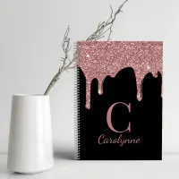 Girly Rose Gold Glitter Drips Monogram on Black Notebook