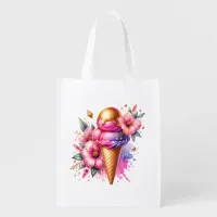 Pretty Pink and Gold Ice Cream Cone Floral Grocery Bag