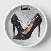 Black Glitter High Heel Shoe on Silver | Clock