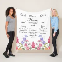 God Bless Our Home White Floral Wildflowers Fleece Blanket