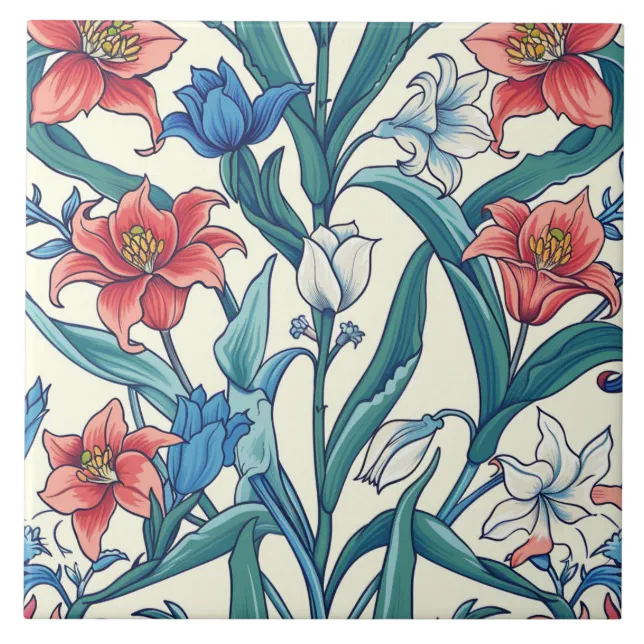 Red And Blue Floral Pattern Ceramic Tile