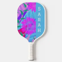 pink sunflowers tropical leaves modern floral art  pickleball paddle