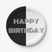 Happy Birthday Black White Op Art Stylish Cool Paper Plates