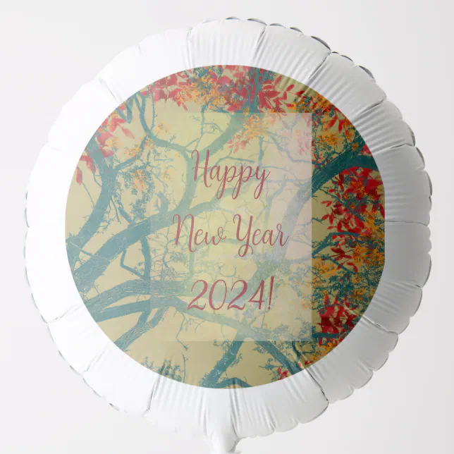 Happy New Year green tree red leaves Card Balloon
