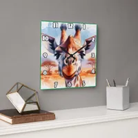 Majestic giraffe gazing over the African savanna Square Wall Clock