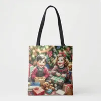 Sweet Nostalgic Children on Christmas to and from Tote Bag