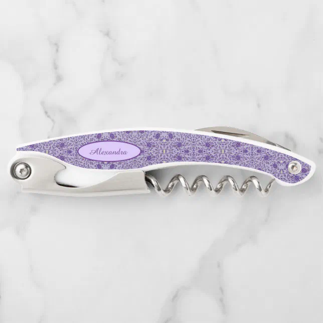 Elegant Flowery Purple Damask Waiter's Corkscrew