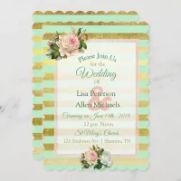 Sage Green Gold Striped Floral Wedding Invitation