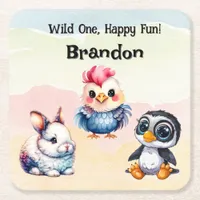 Wild One Happy Fun Woodland Animals Watercolor Square Paper Coaster