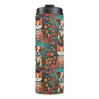 Cute Puppy with Whimsical Folk Art Flowers Thermal Tumbler