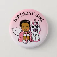 Coral African-American Fairy Unicorn Birthday Girl Button