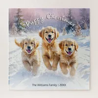 Cute Puppies In Snow Custom Text Merry Christmas Jigsaw Puzzle