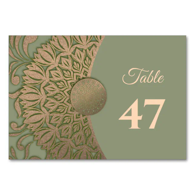 Elegant Modern Sage green & gold classic mandala Table Number