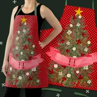 Custom Monogram Red Dots Watercolor Christmas Tree Apron