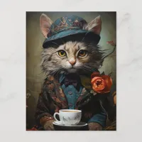 Adorable Cat in a suit with a coffee Postcard