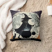 A witch brews potions under a glowing full moon throw pillow