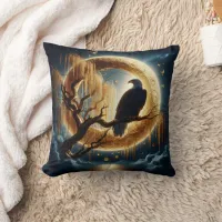 Eagle Perched on Branch Under a Full Moon Throw Pillow