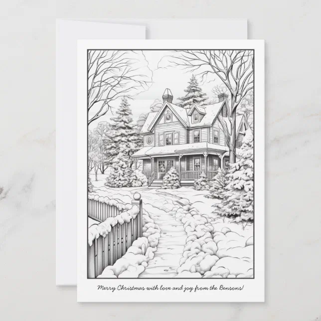 Winter Cottage Landscape Christmas Art Coloring Holiday Card