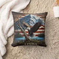 Eagle Perched by Lake Under Mountainous Sky Throw Pillow