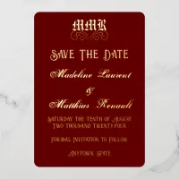 Monogram Elegant Red & Gold Save the Date Foil Invitation