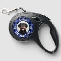 Modern Minimalist Blue Tartan Plaid Photo Name Retractable Pet Leash