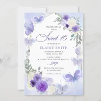 Rustic Floral Purple Lilac Butterflies Sweet 16 Invitation