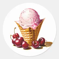 Strawberry Ice Cream in Cone with Cherries  Classic Round Sticker