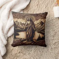 Jesus Standing Before Majestic Mountains at Dawn Throw Pillow