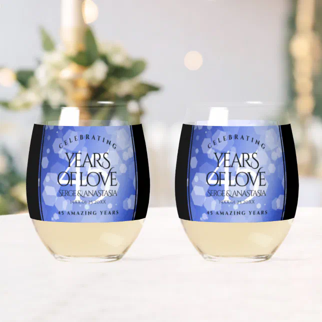 Elegant 45th Sapphire Wedding Anniversary Stemless Wine Glass