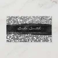 Silver Confetti Glitter Black Brush Strokes Business Card