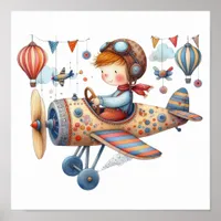 Whimsical Nursery Art Child Flying Old Airplane Poster