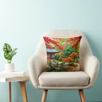 Crimson Cascade - Autumn in a Japanese Garden Throw Pillow