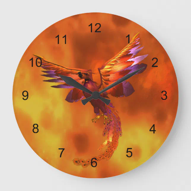 Colorful Phoenix Flying Against a Fiery Background Large Clock