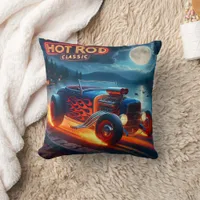 A classic hot rod cruising under the moonlit sky throw pillow