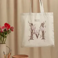 Delicate Magnolia Flowers Monogram 'M' Custom Name Tote Bag