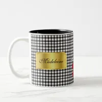 Elegant Black & White Buffalo Plaid Monogram Gold Two-Tone Coffee Mug