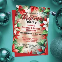 Festive Poinsettia and Holly Berries Christmas  Invitation