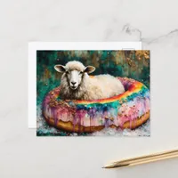 Sheep on a Rainbow Color Floating Doughnut Postcard