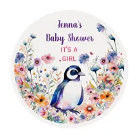 Baby Penguin in Flowers It's a Girl | Baby Shower Edible Frosting Rounds