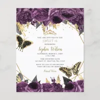 Budget Purple Floral Butterfly Sweet 16 Invitation