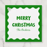 Retro Bold Wavy Green Fun Custom Merry Christmas Favor Tags