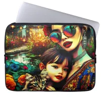 Colorful Art Mom and Daughter Asian Flower Garden Laptop Sleeve