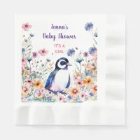 Baby Penguin in Flowers It's a Girl | Baby Shower Napkins