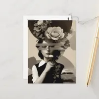 Vintage Woman Collage Floral Sepia Postcard