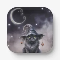 Black Halloween Cat Wearing a Witch Hat  Paper Plates