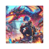 Anime Boy and Dragon in a Dystopian World Metal Print