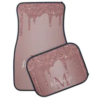 Chic Rose Gold Glitter Drips Monogram Car Floor Mat