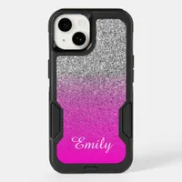 Silver Glitter Neon Pink Ombre Personalized OtterBox iPhone 14 Case